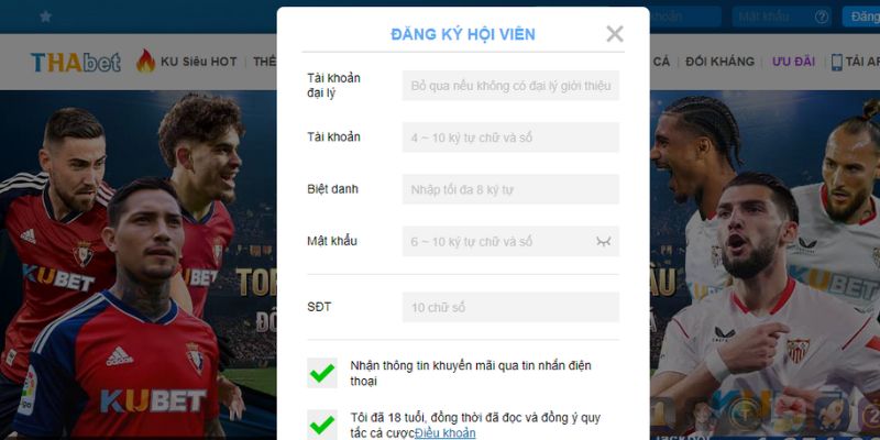 Bước 2: Nhấn nút “đăng ký” casino Thabet và điền thông tin
